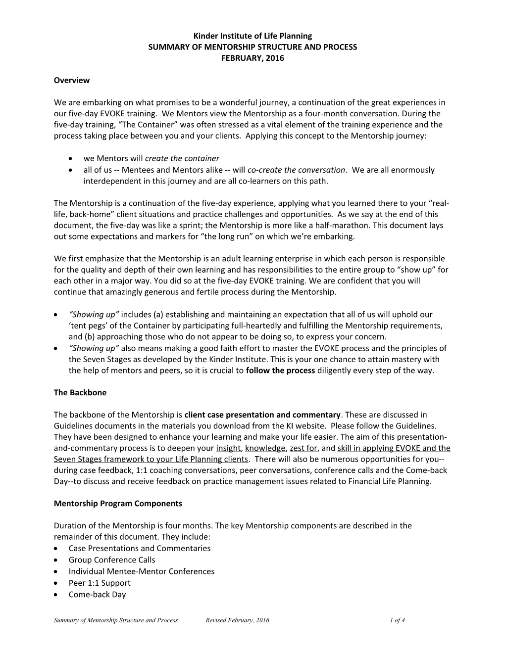 Summary of Kinder Institute Mentorship Structure and Process