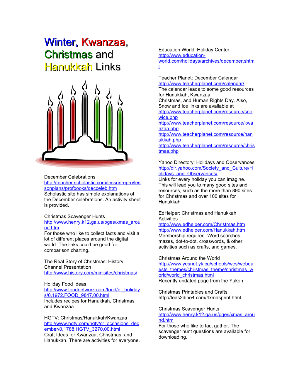 Kwanzaa, Christmas and Hanukkah Links