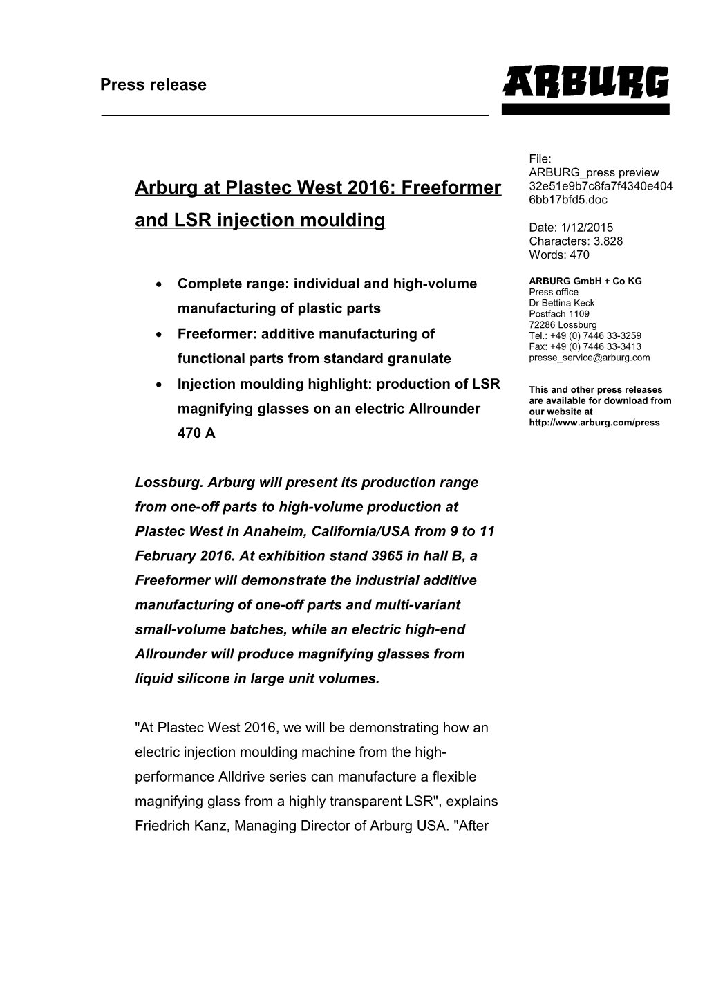 Arburg at Plastec West 2016: Freeformer and LSR Injection Moulding