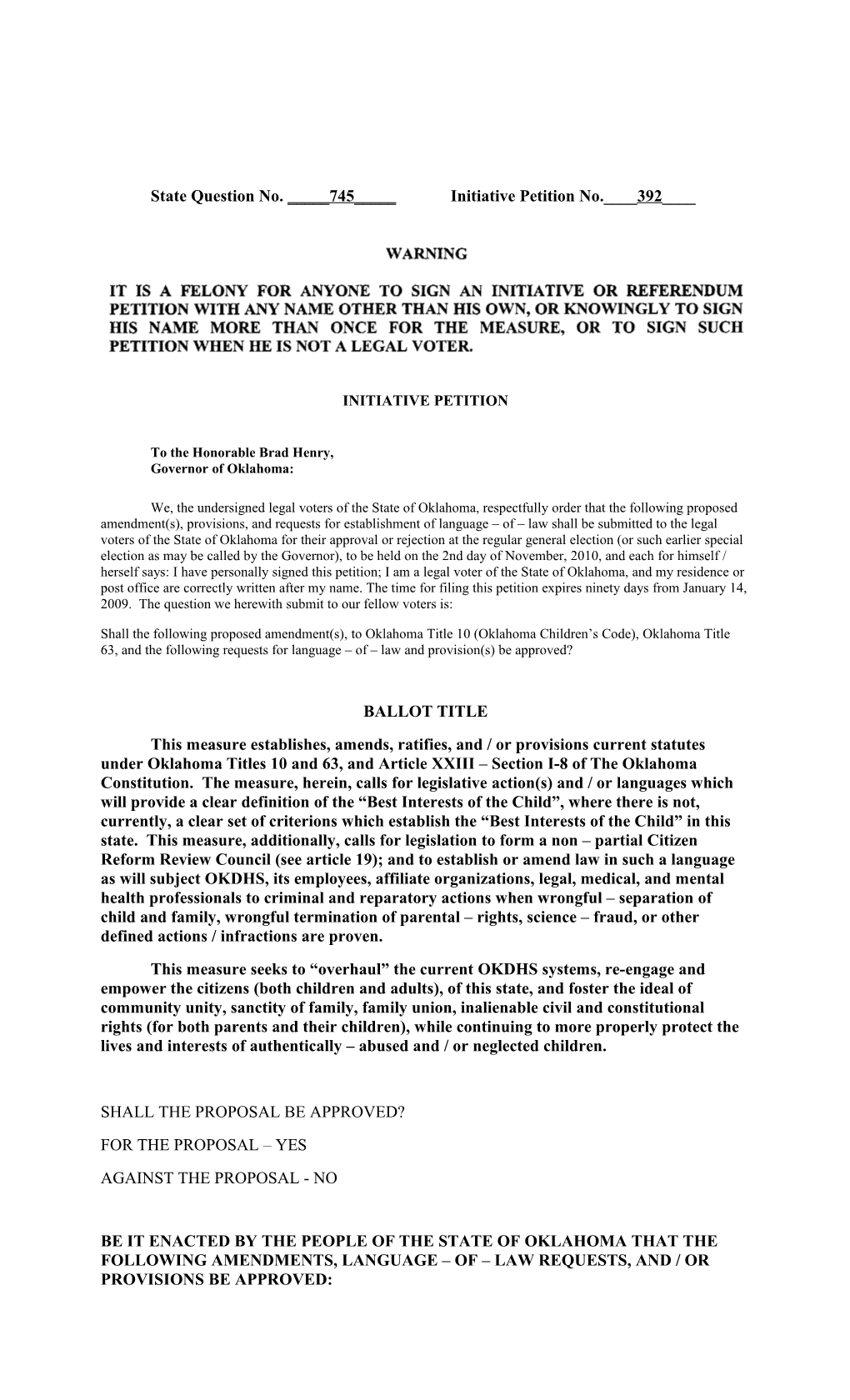 State Question No. _____745_____Initiative Petition No.____392____