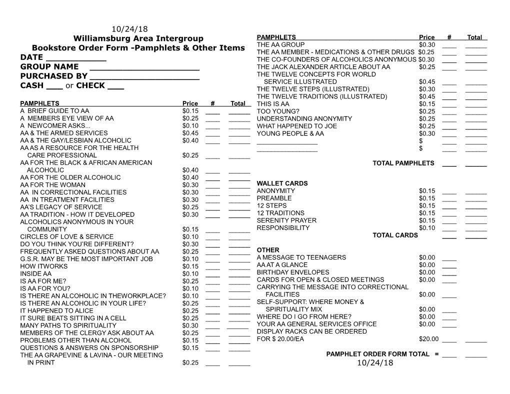 Bookstore Order Form -Pamphlets & Other Items