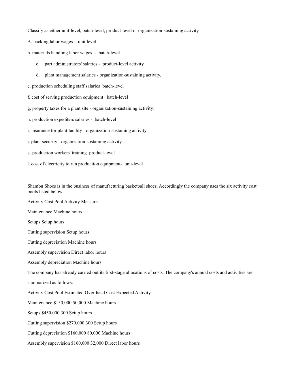 Classify As Either Unit-Level, Batch-Level, Product-Level Or Organization-Sustaining Activity