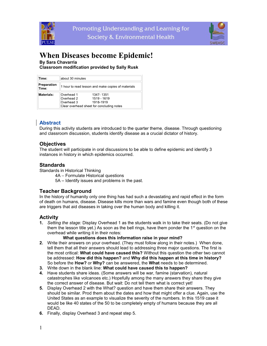 Lesson 1 Engagement: When Diseases Become Epidemic