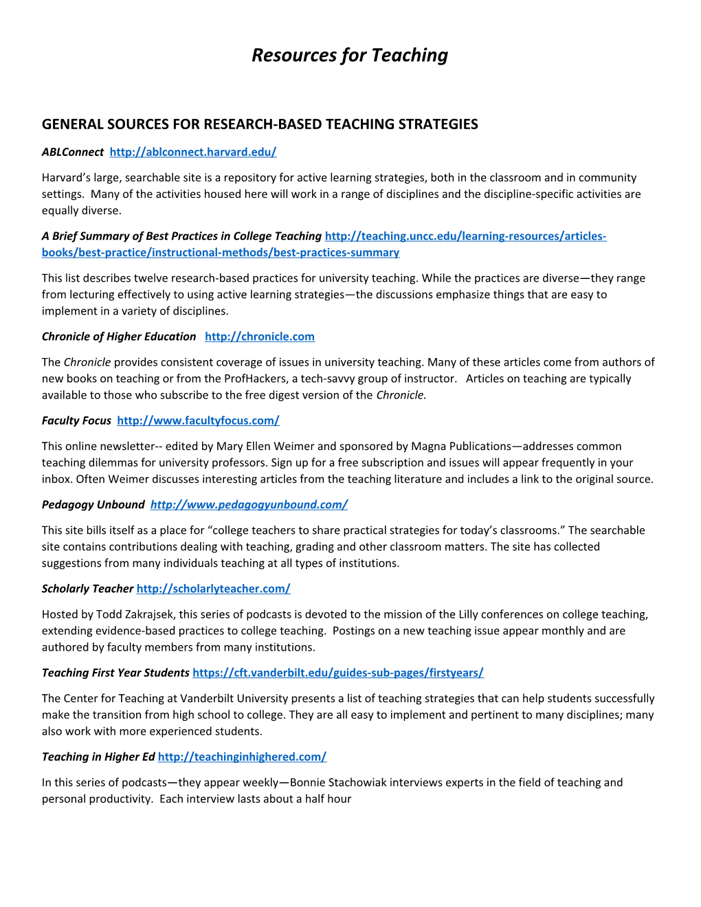 General Sources for Research-Based Teaching Strategies