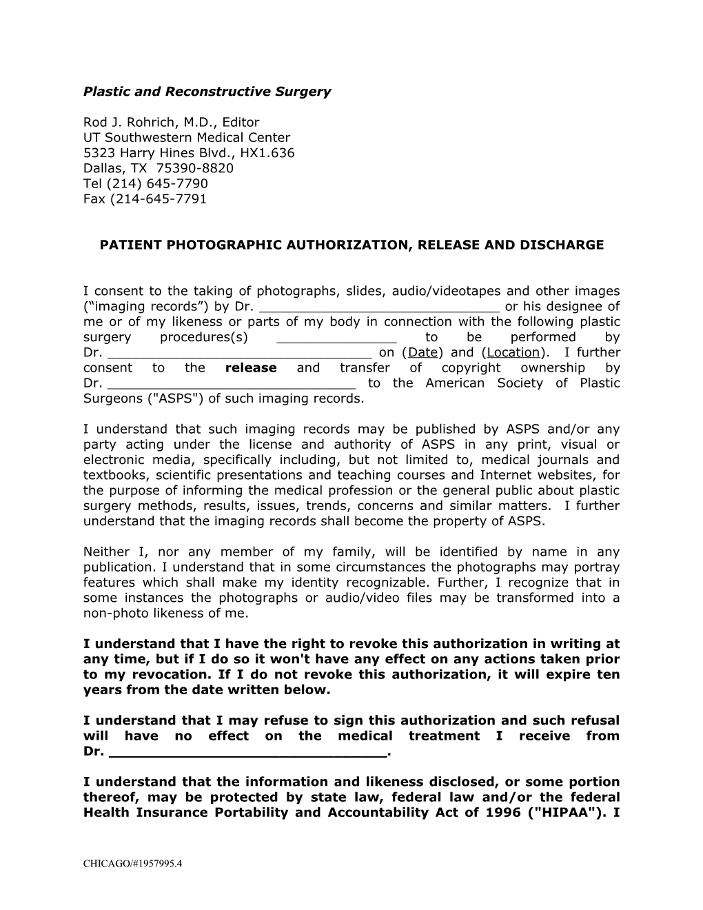 Revised Patient Photographic Authorization & Release