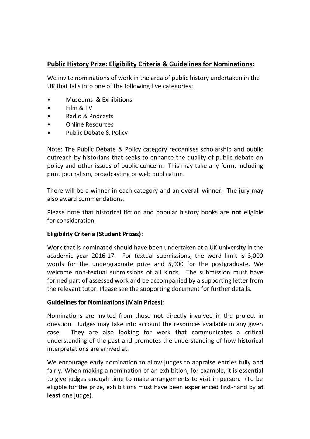 Public History Prize: Eligibility Criteria & Guidelines for Nominations