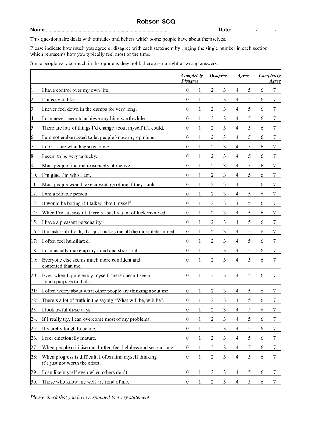 This Questionnaire Deals with Attitudes and Beliefs Which Some People Have About Themselves