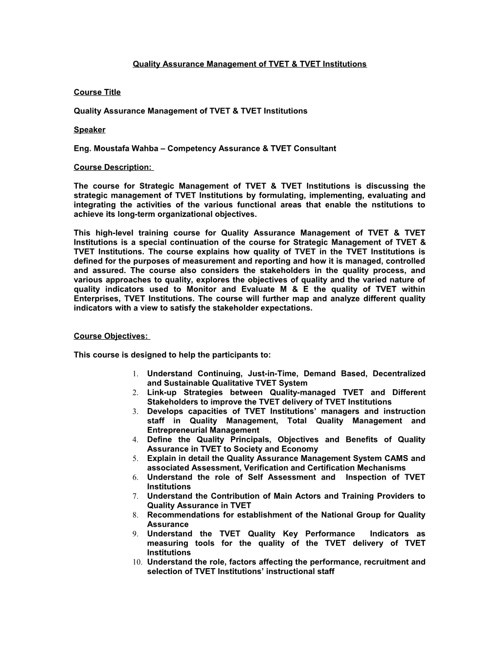 Quality Assurance Management of TVET & TVET Institutions