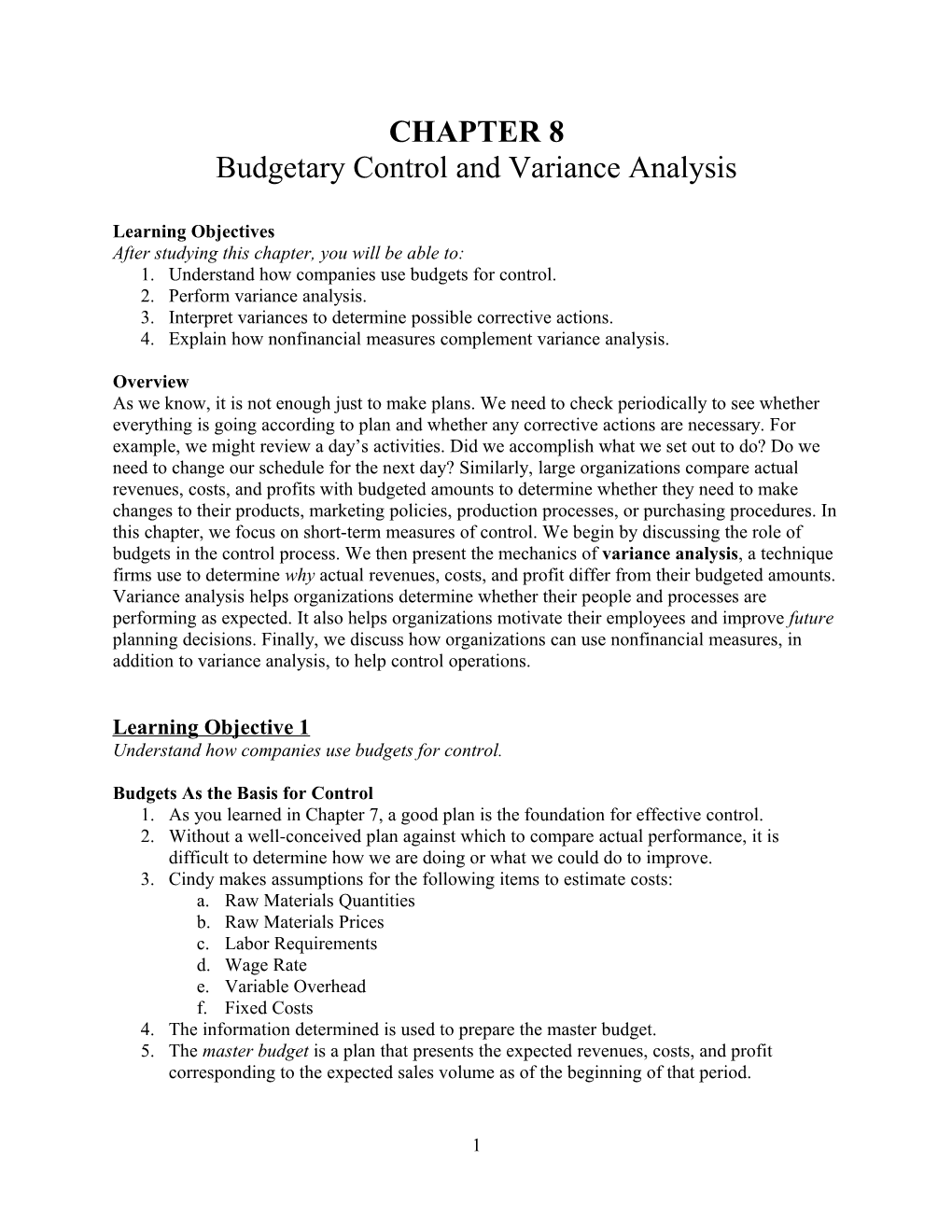 Budgetary Control and Variance Analysis