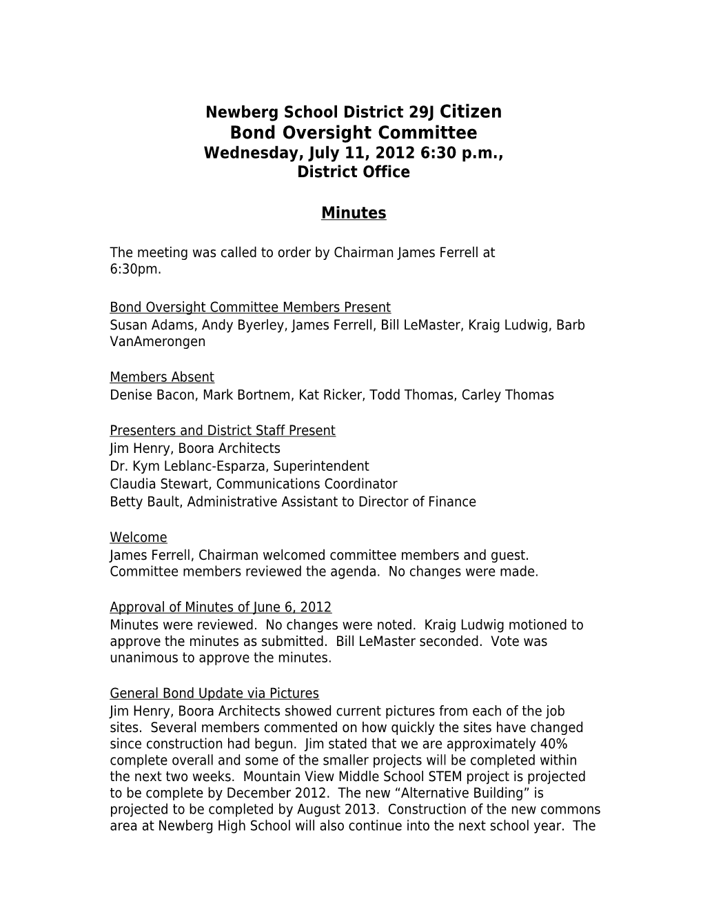 Citizen Bond Oversight Agenda 7-11-2012