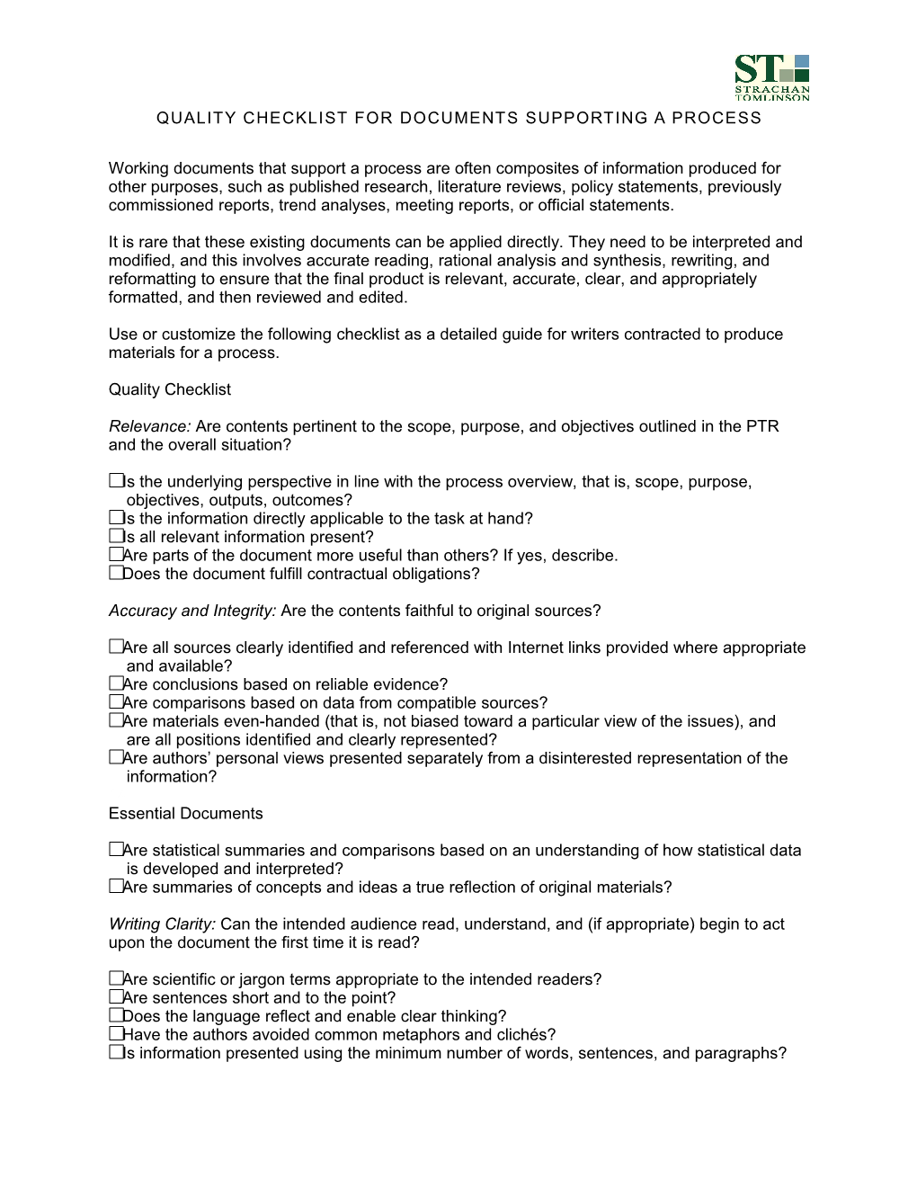 Quality Checklist for Documents Supporting a Process