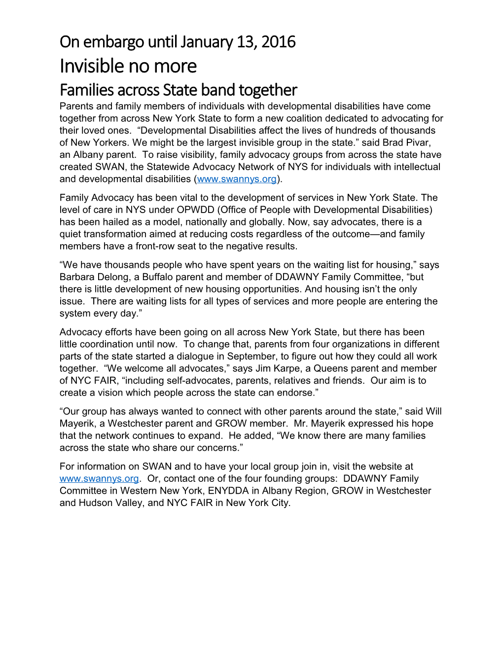 Invisible No More Families Across State Band Together