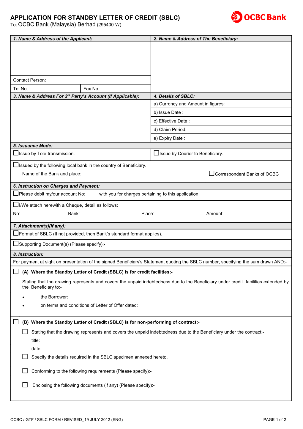 Application for Standby Letter of Credit