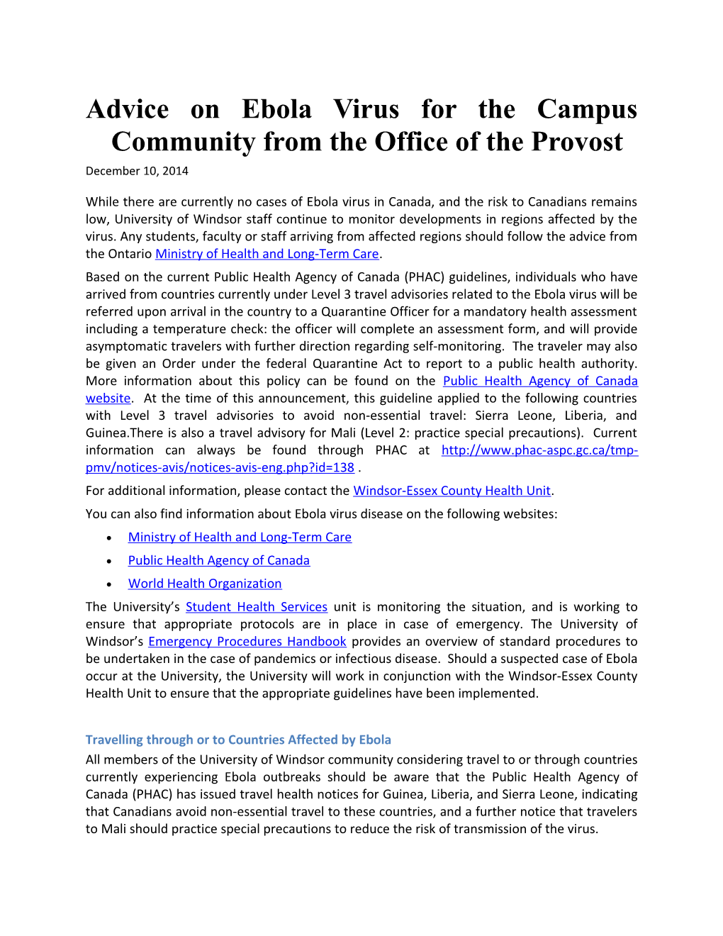 Advice on Ebola Virus for the Campus Community from the Office of the Provost
