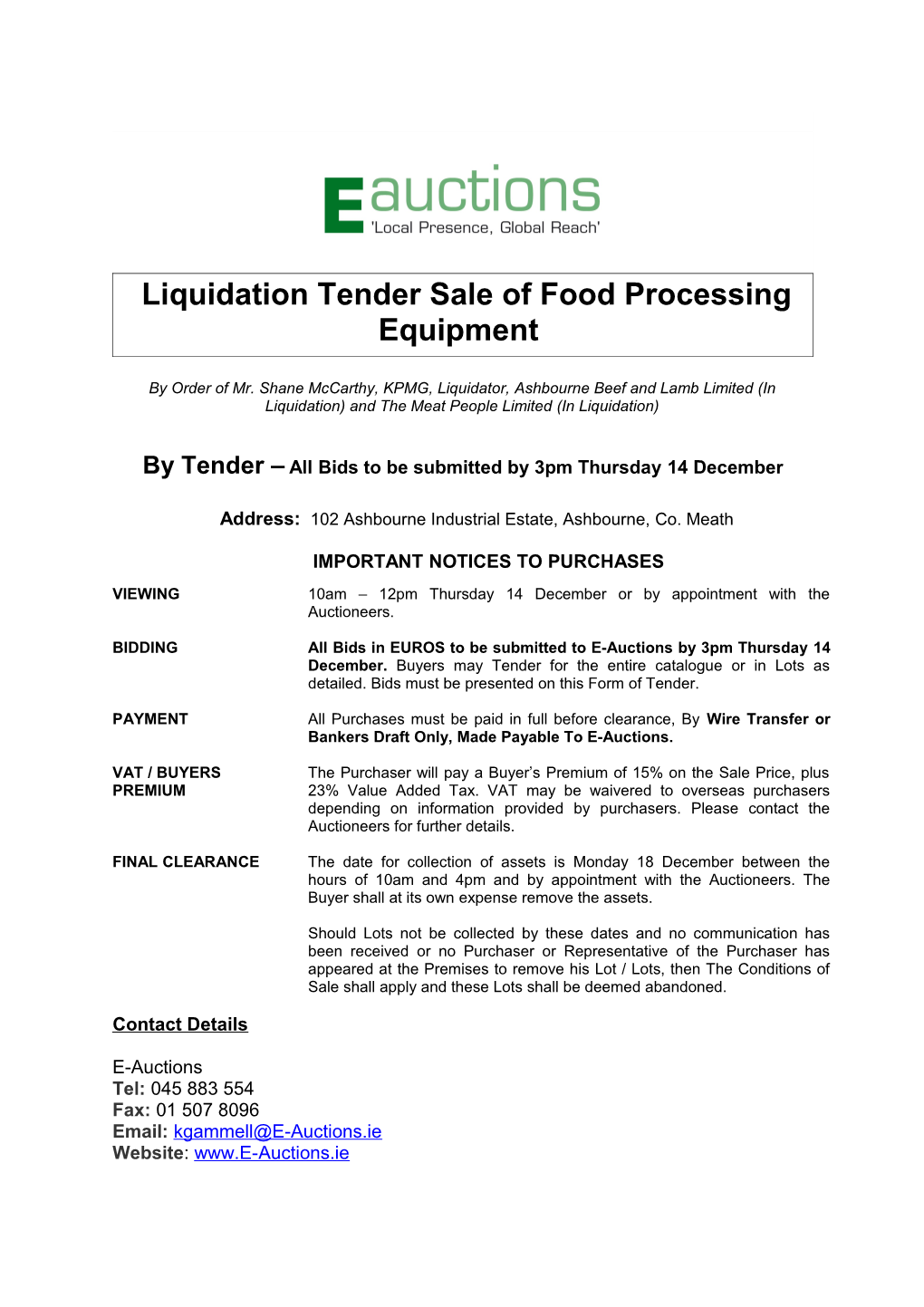 Liquidation Tender Sale of Foodprocessing Equipment