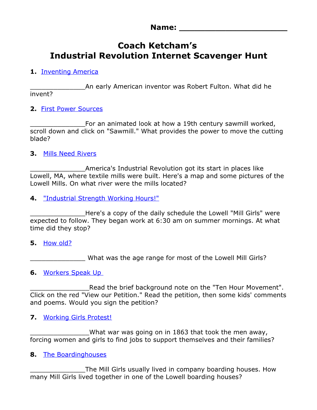 Industrial Revolution Internet Scavenger Hunt