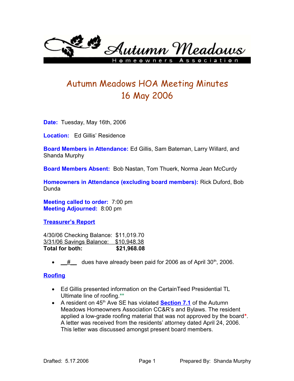 Autumn Meadows HOA Meeting Minutes