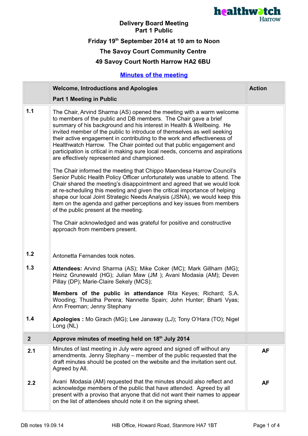 Notes of Planning Meeting - Harrow Link