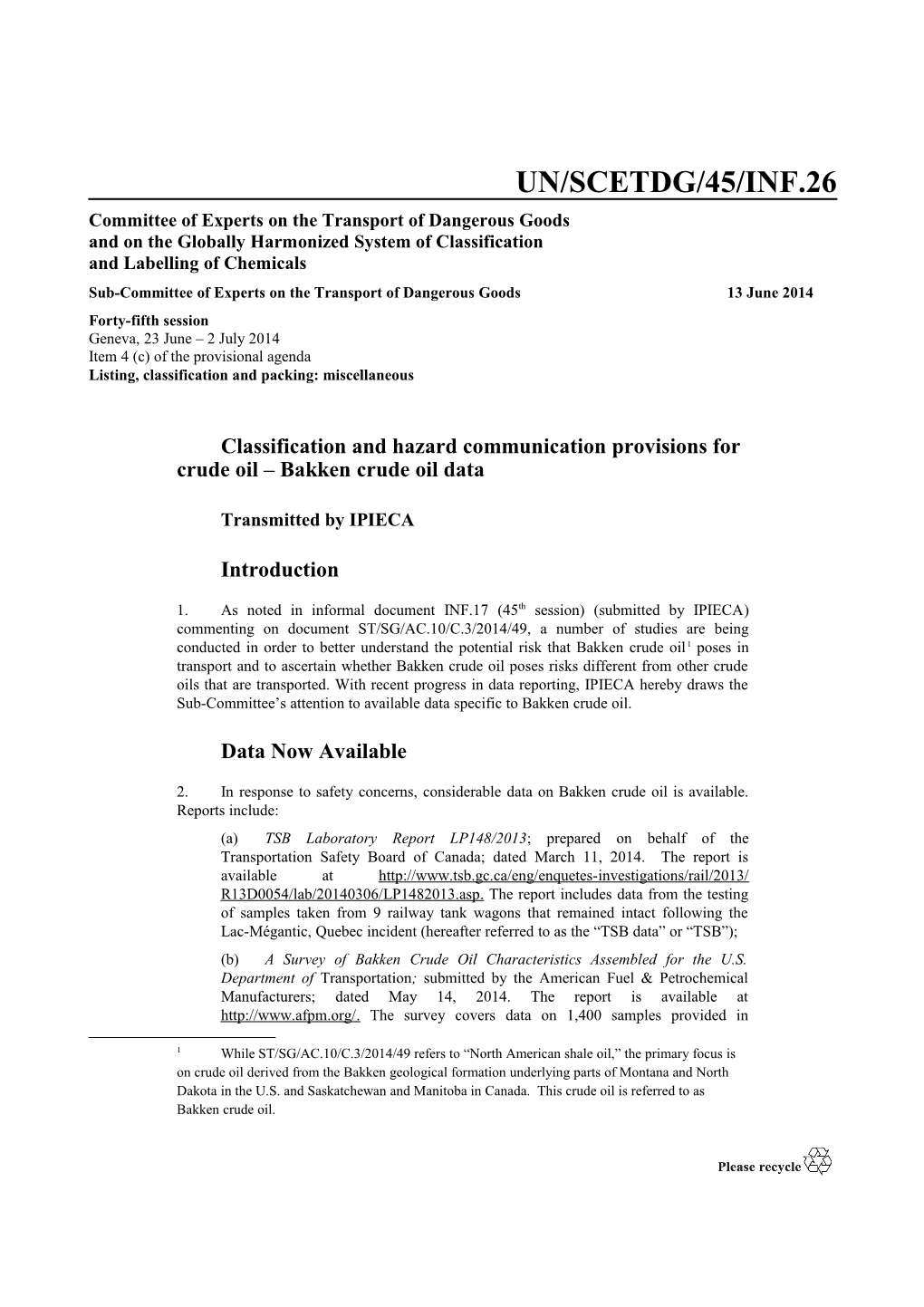 Classification and Hazard Communication Provisions for Crude Oil Bakken Crude Oil Data
