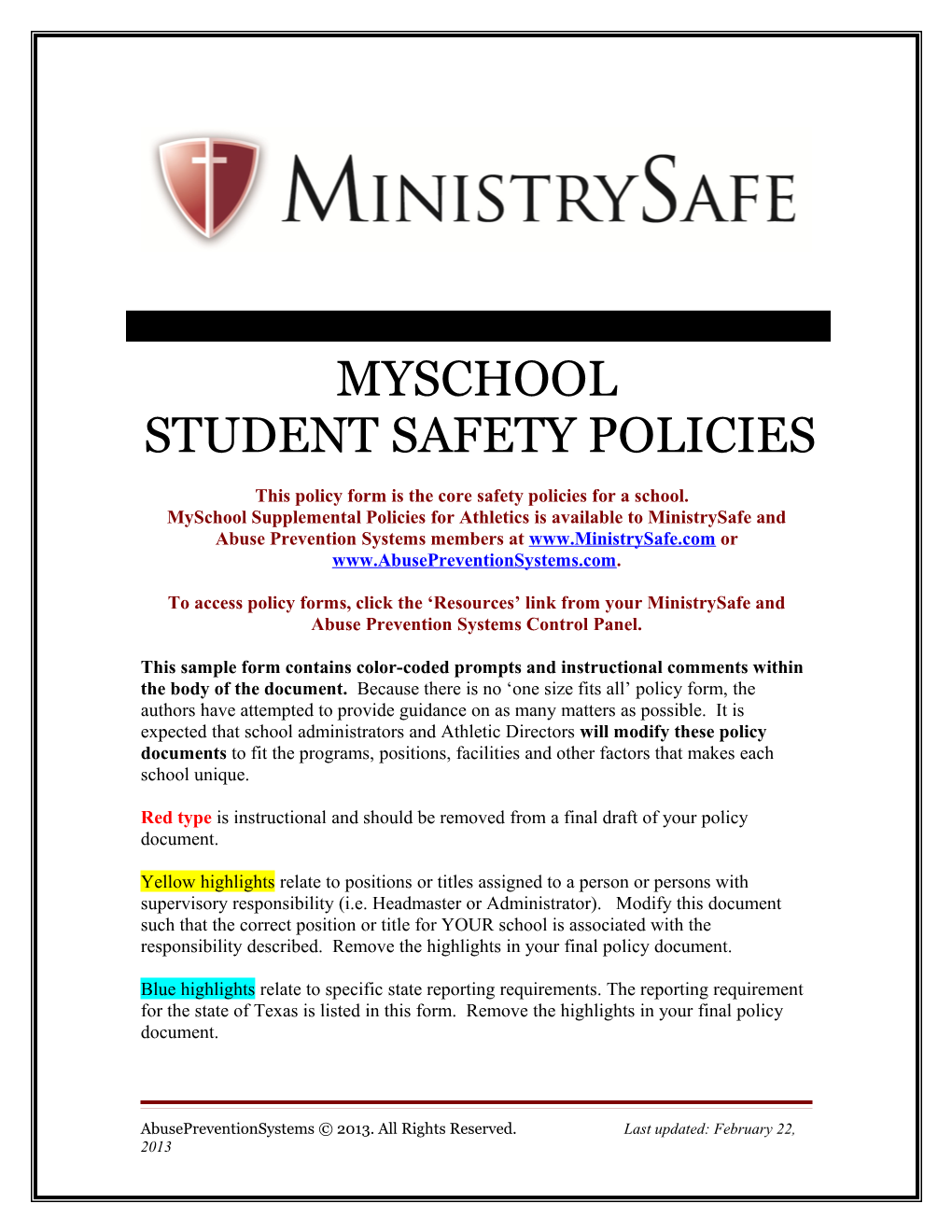 This Policy Form Is the Core Safety Policies for a School