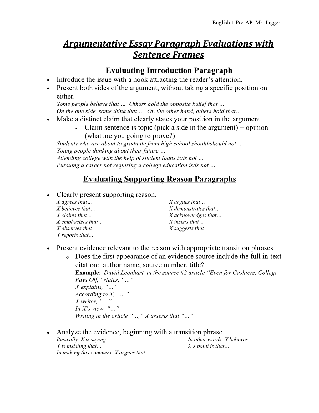 Argumentative Essay Paragraph Evaluations with Sentence Frames