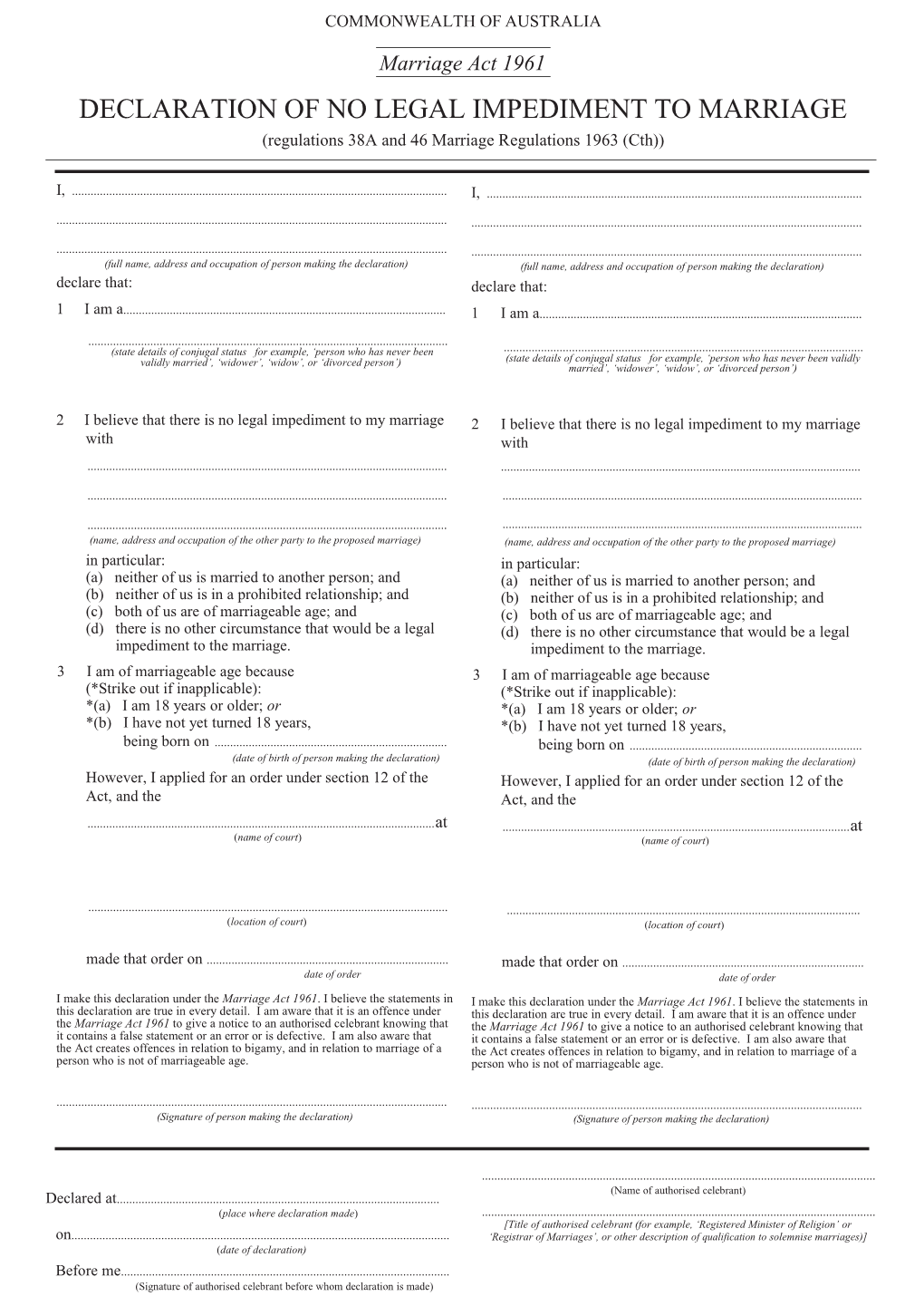 Declaration of No Legal Impediment to Marriage