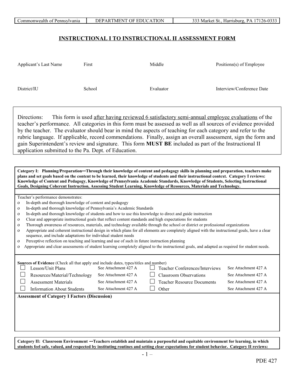 Level I to Level Ii Assessment Form