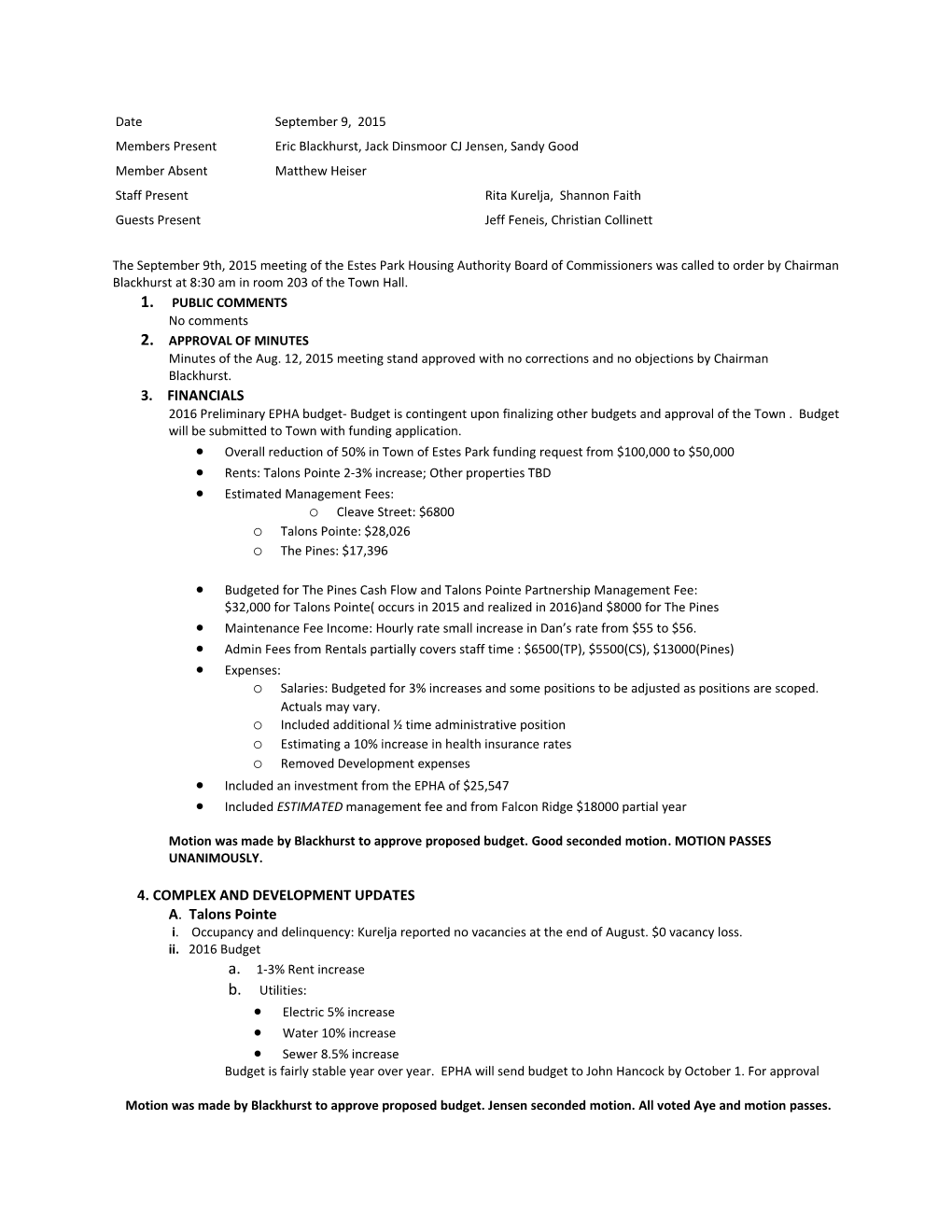 The September 9Th, 2015 Meeting of the Estes Park Housing Authority Board of Commissioners