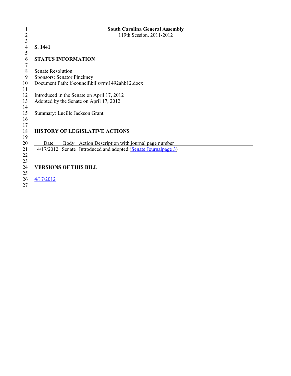 2011-2012 Bill 1441: Lucille Jackson Grant - South Carolina Legislature Online