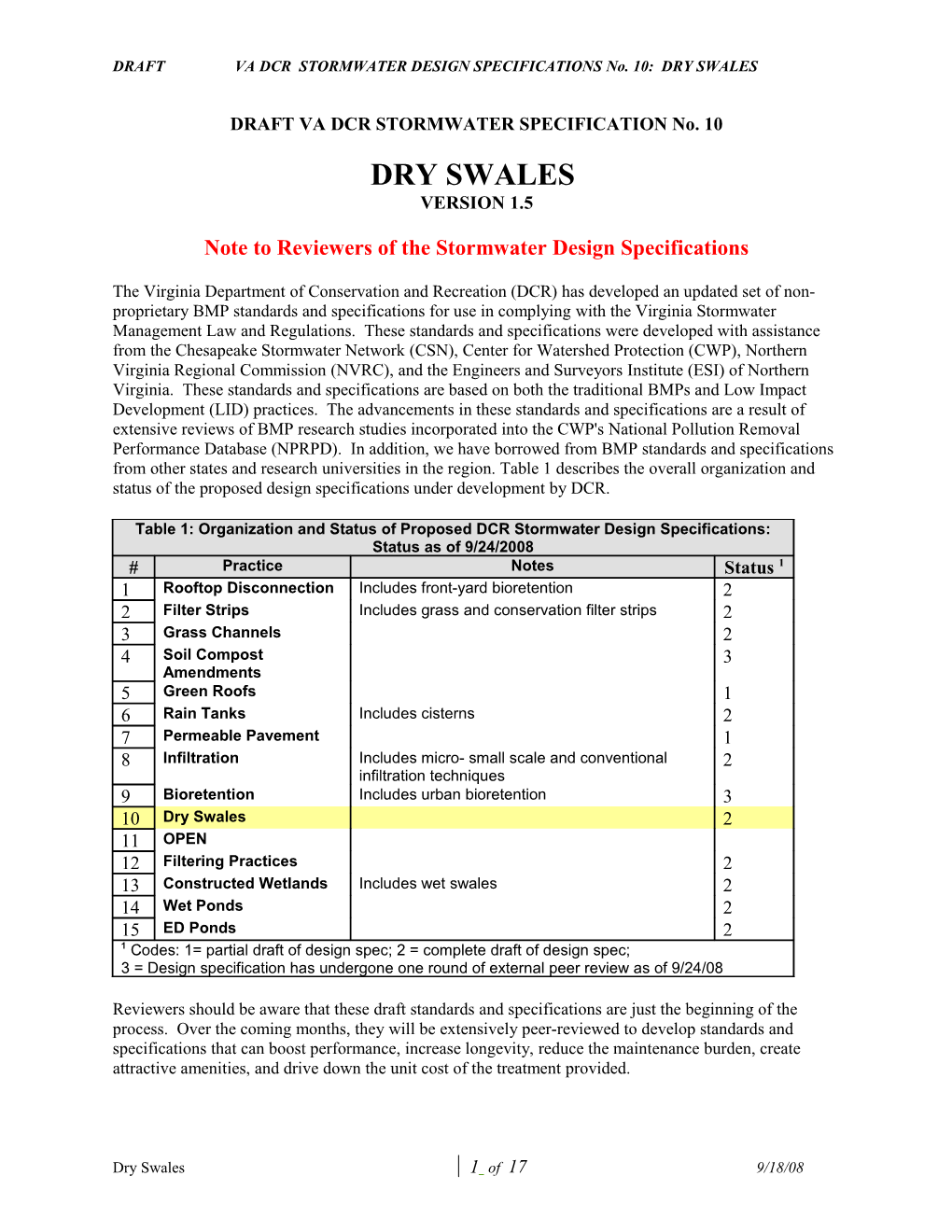 DRAFT VA DCR STORMWATER DESIGN SPECIFICATIONS No. 10: DRY SWALES