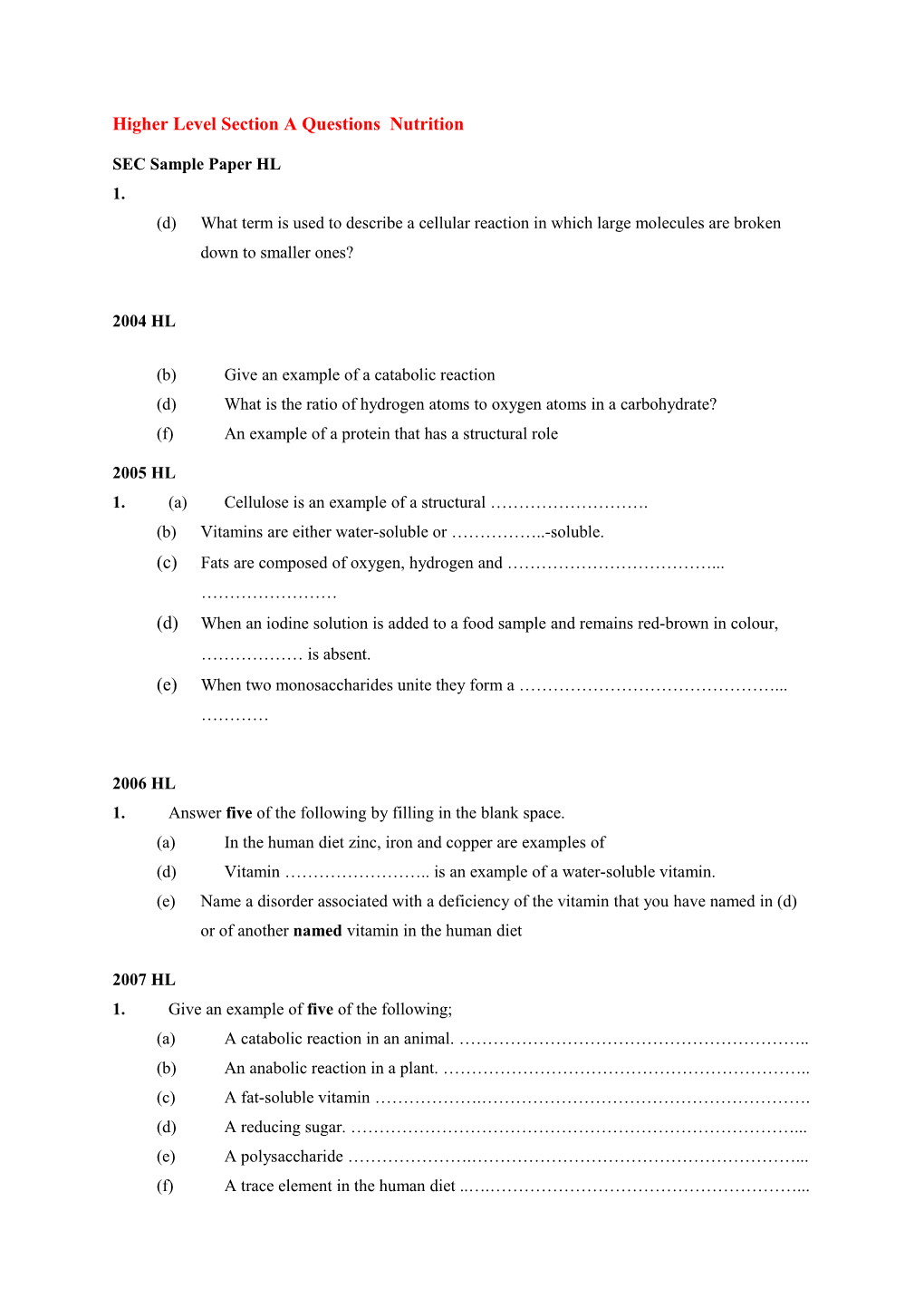 Higher Level Section a Questions Nutrition