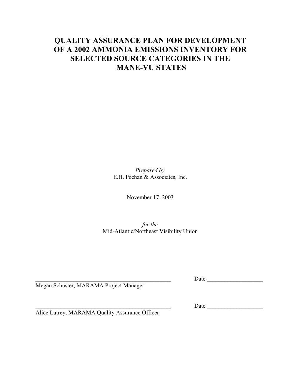 Qa Plan for Development of a 2002 Ammonia Emissions Inventory for Selected Source Categories