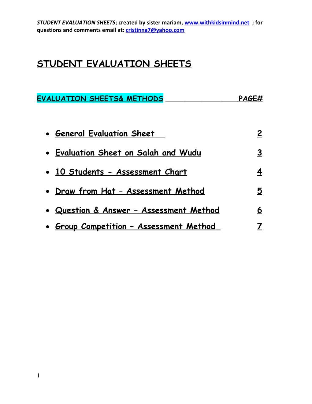 STUDENT EVALUATION SHEETS;Created by Sister Mariam, ; for Questions and Comments Email At