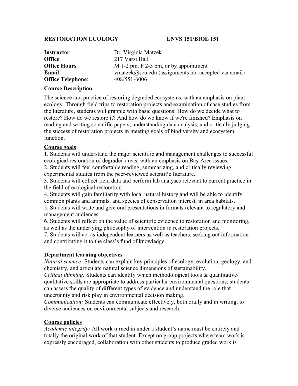 Restoration Ecologyenvs 151/Biol 151