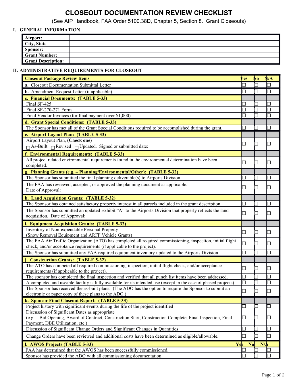 F a a Airports Standard Operating Procedure 10: Closeout Documentation Review Checklist