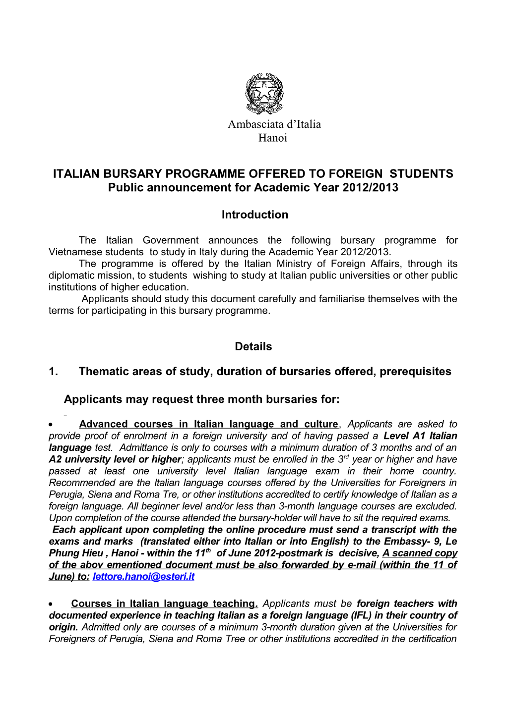 Italian Bursary Programme Offered to Foreign Students