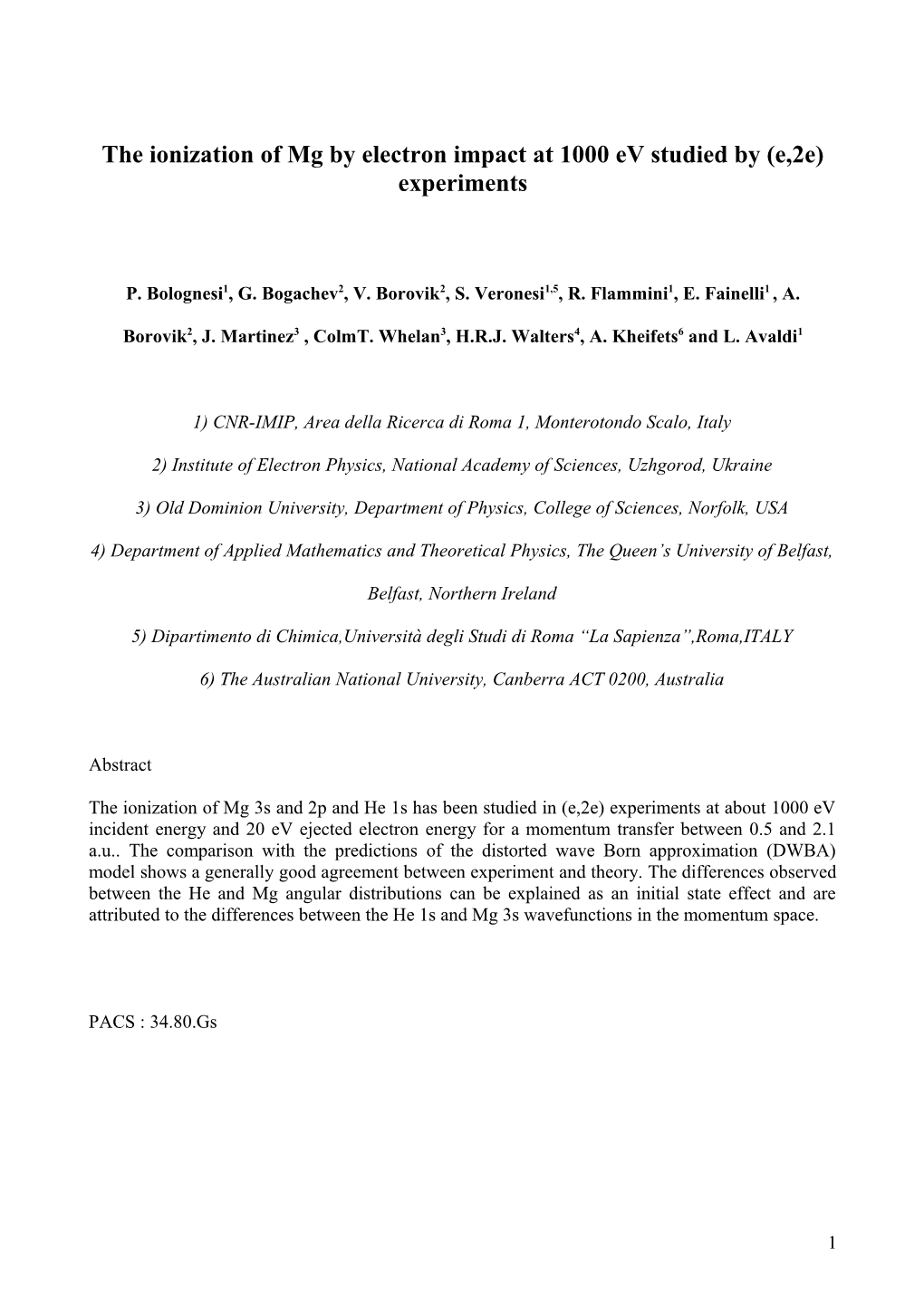 The Ionization of Mg by Electron Impact at 1000 Ev Studied by (E,2E) Experiments