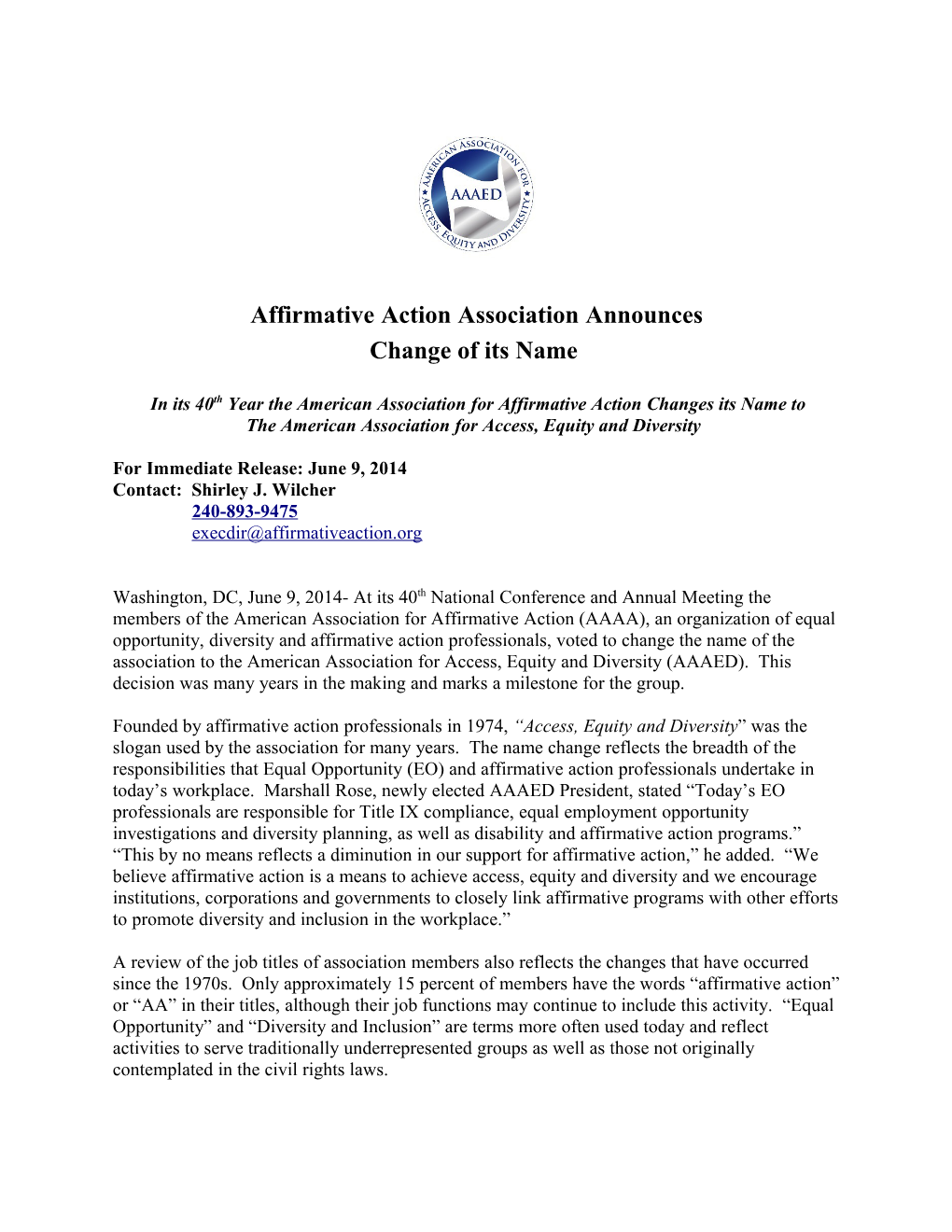 Affirmative Action Association Announces