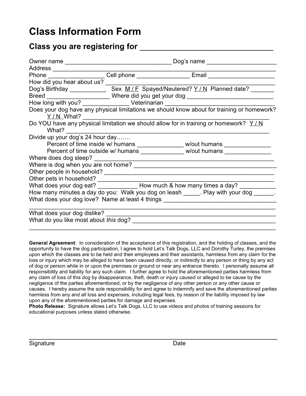 Class Information Form