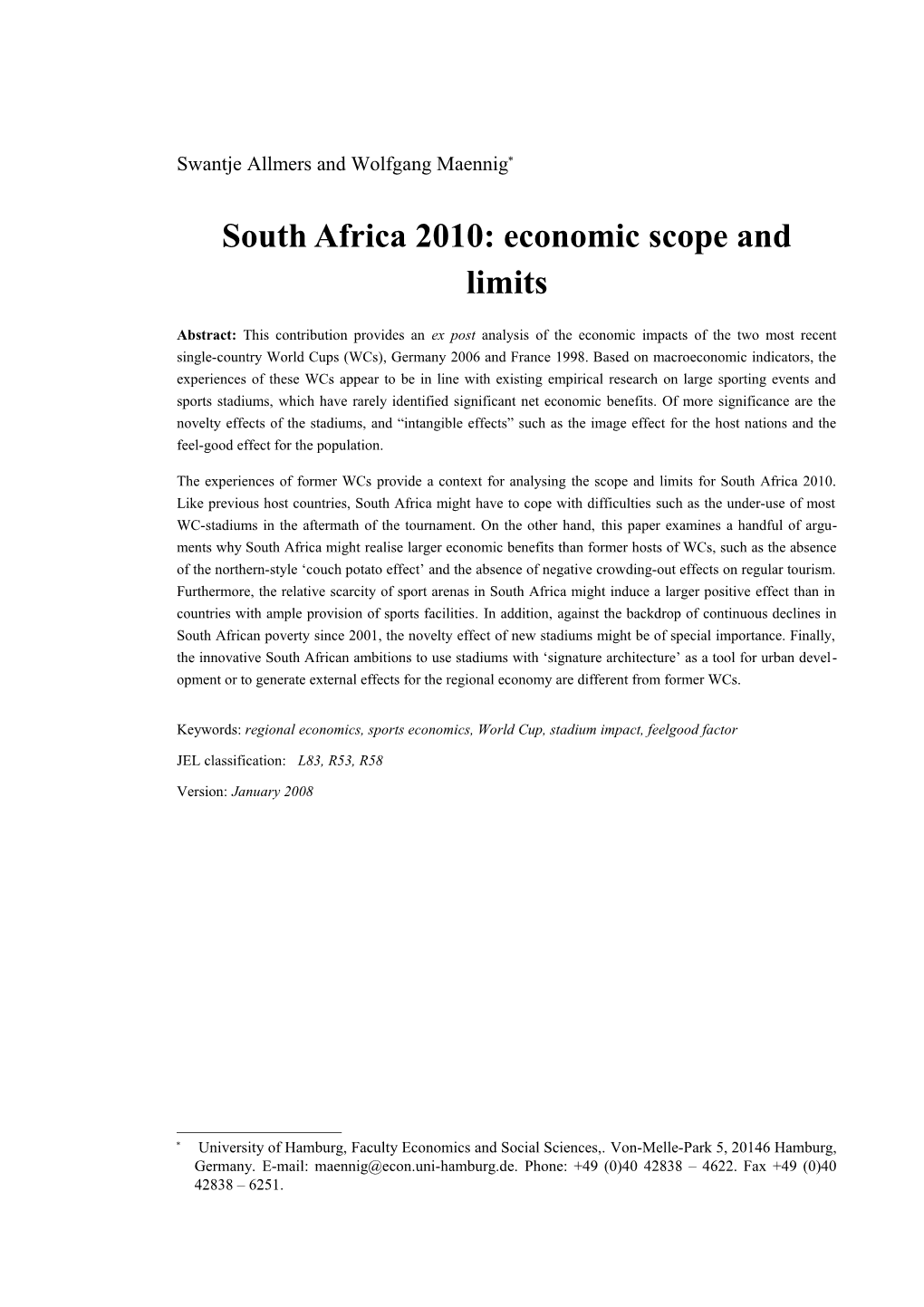 South Africa 2010: Economic Scope and Limits