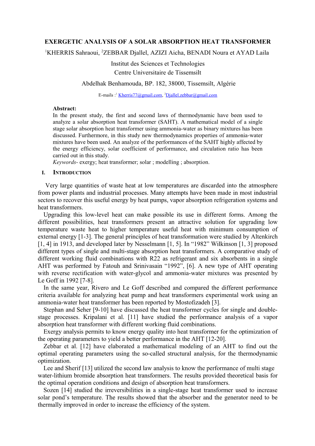 Exergetic Analysis of a Solar Absorption Heat Transformer