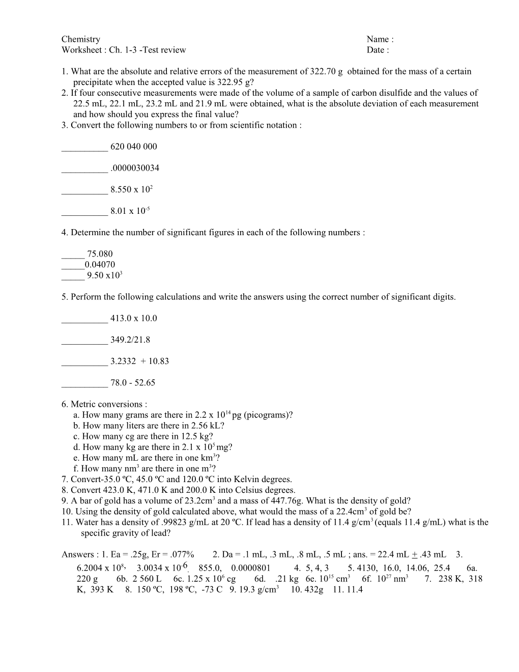 Worksheet : Ch. 1-3 -Test Reviewdate