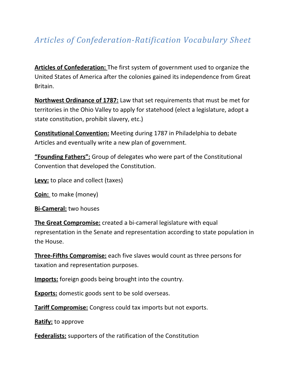 Articles of Confederation-Ratification Vocabulary Sheet