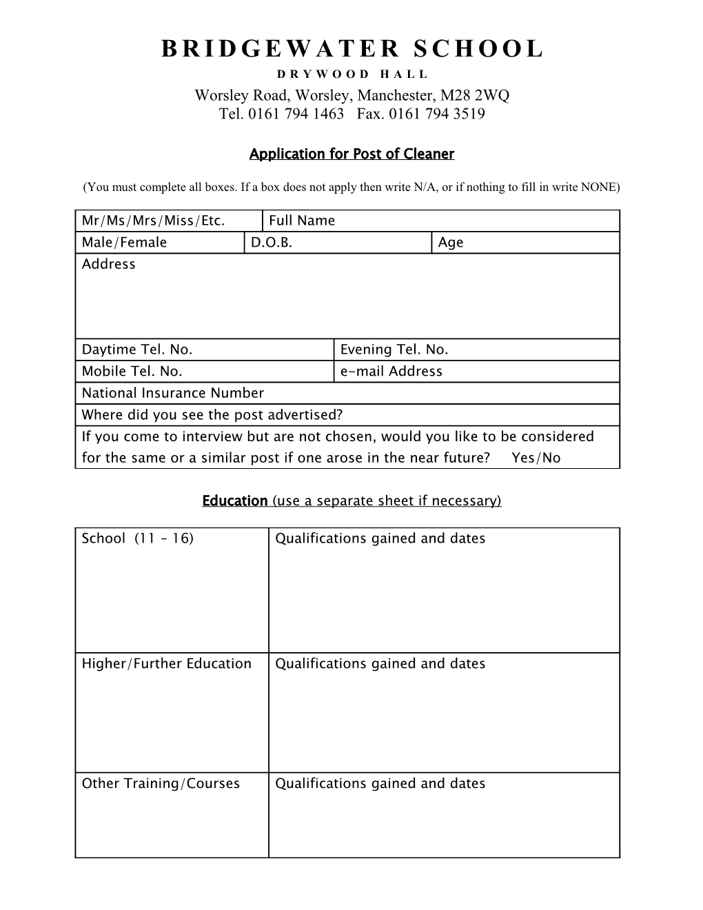 Application for Modern Foreign Languages from September 2003