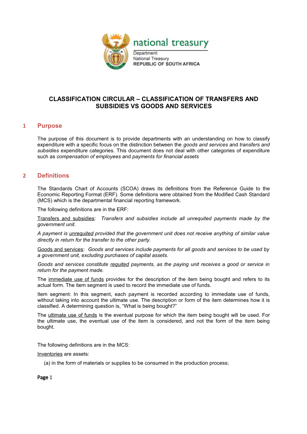 Classification Circular Classification of Transfers and Subsidies Vs Goods and Services