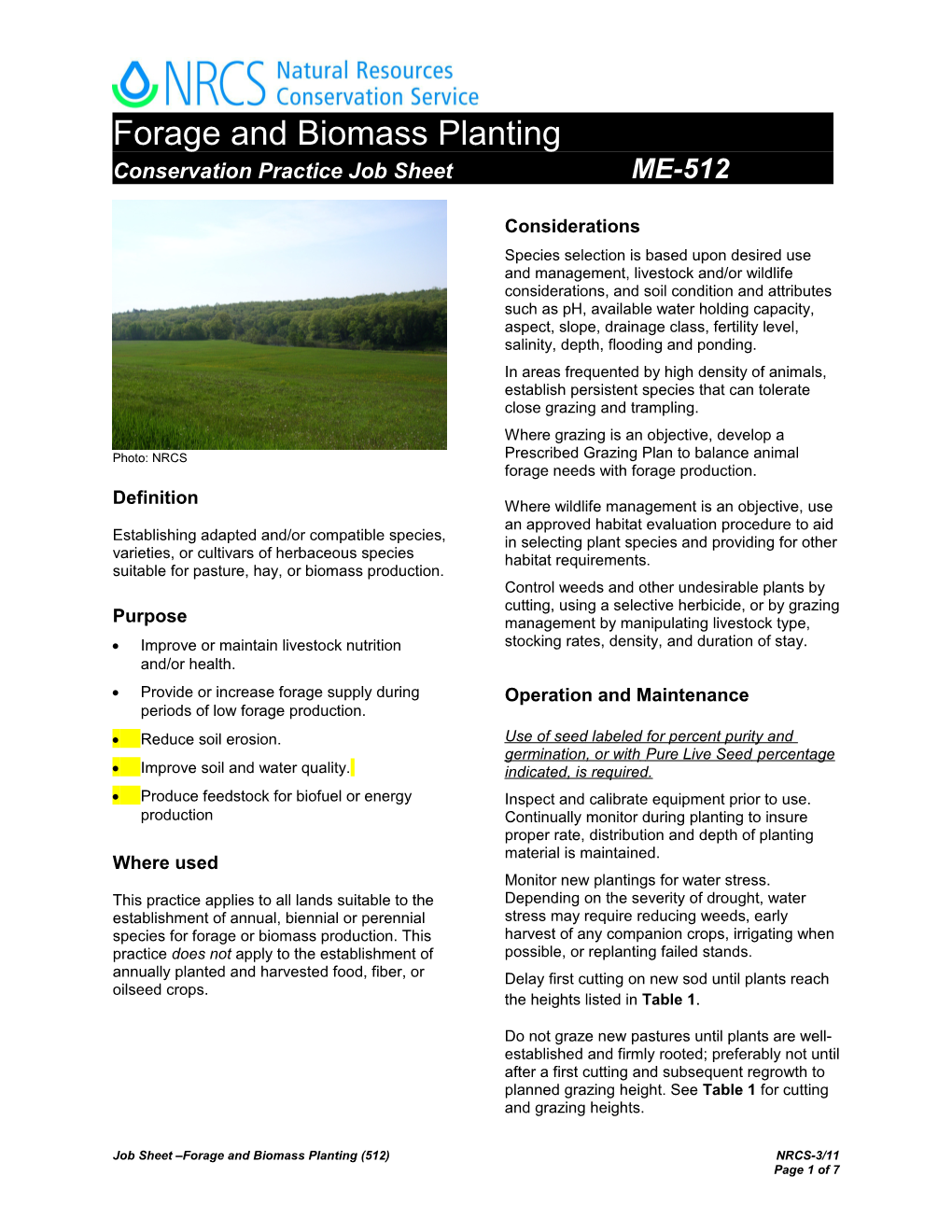 Job Sheet Forage and Biomass Planting (512)NRCS-3/11