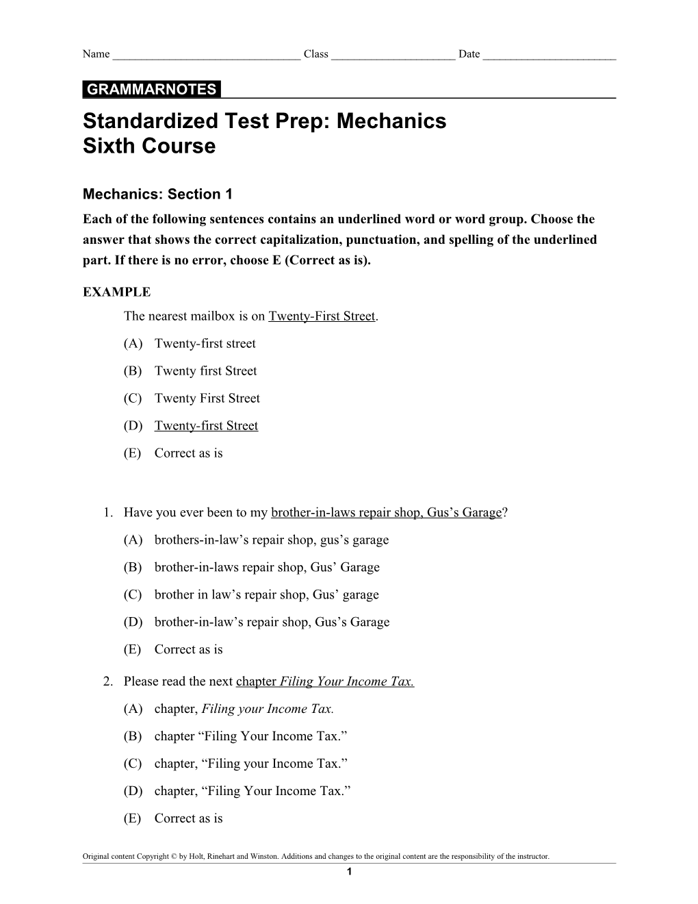 Standardized Test Prep: Mechanics Sixth Course