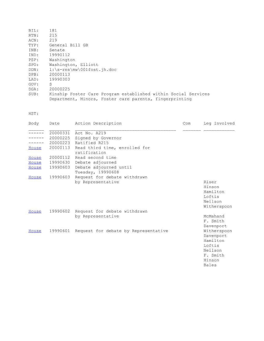 1999-2000 Bill 181: Kinship Foster Care Program Established Within Social Services Department