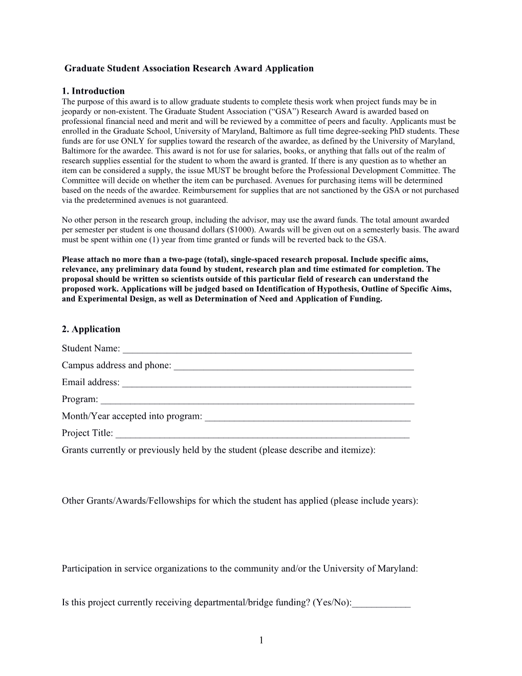 Graduate Student Association Research Award Application