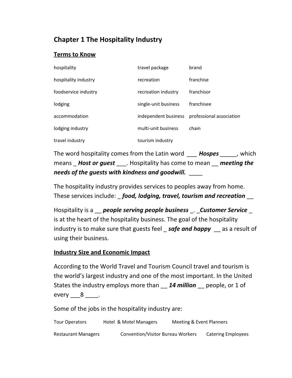 Chapter 1 the Hospitality Industry